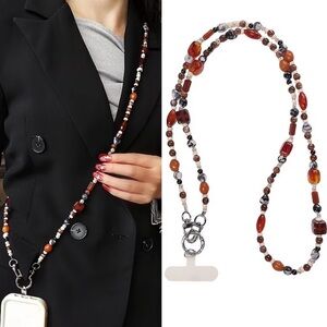 A97. Brown & Cream Multi-Color Beaded Phone Lanyard or Purse Strap